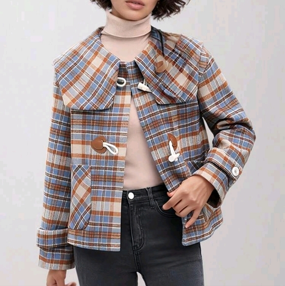 Jackets & Blazers - Women Large Lapel Colorful Plaid Autumn And Winter Tweed Thick Coat With Pocket
